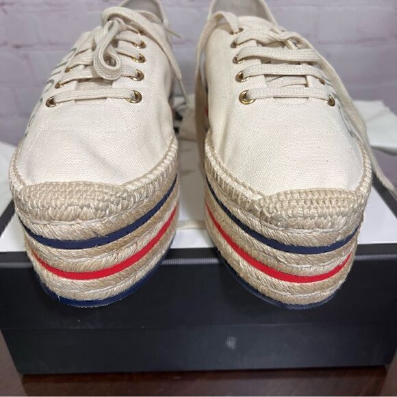 GUCCI Canvas Logo Lace-Up Platform Espadrilles 40 Greggio Grege - Picture 8 of 9